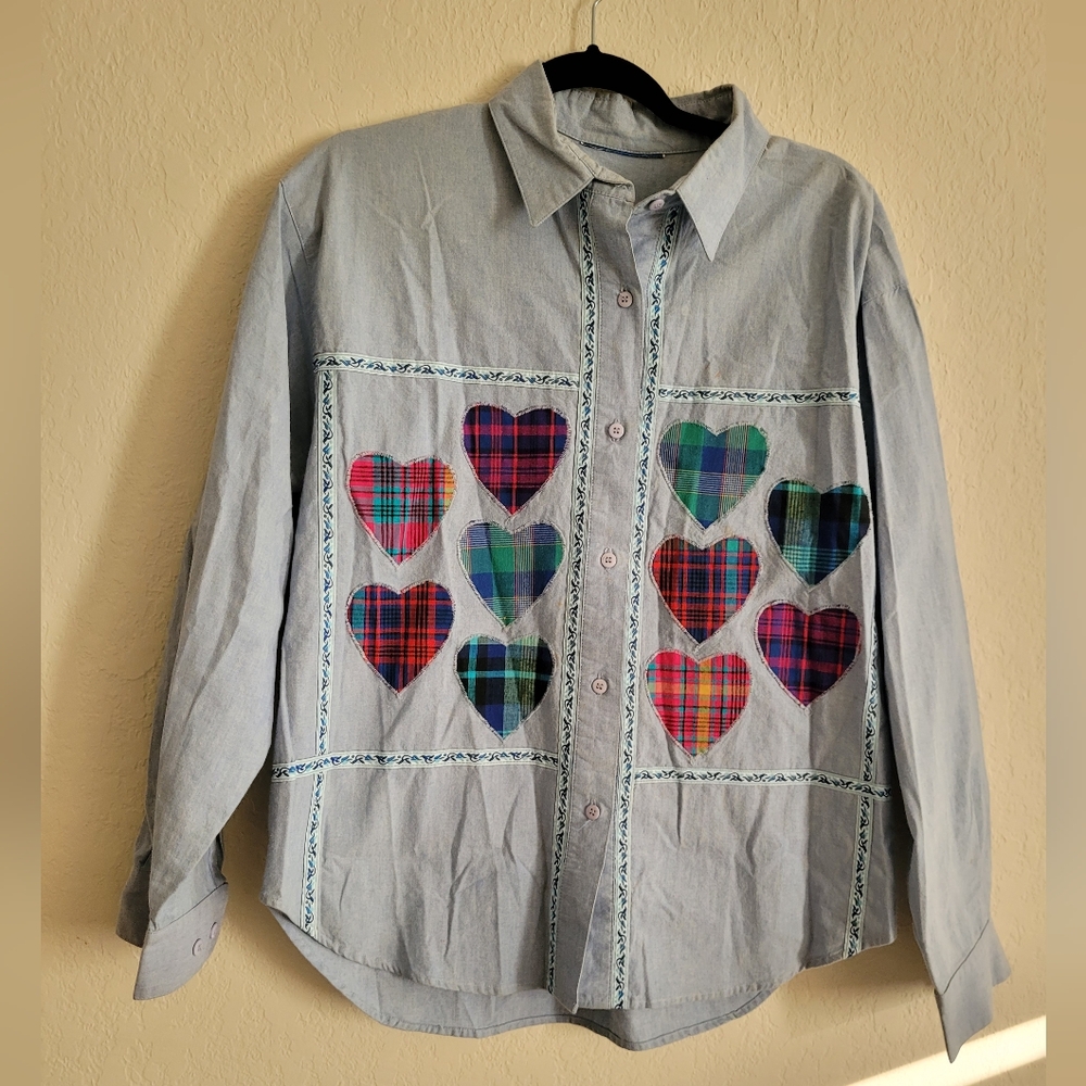 Vintage 90s embroidered patches heart denim button down | size s